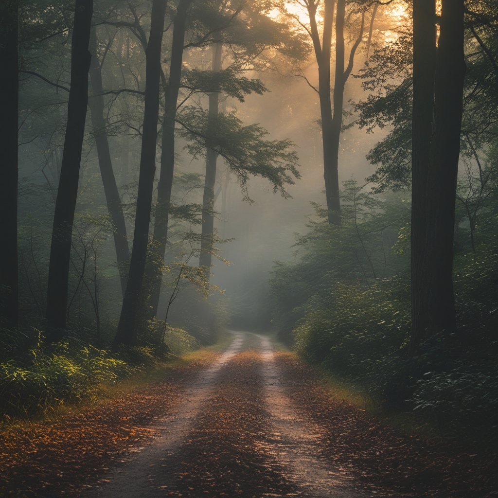 Tranquil outdoor forest path with morning mist filtering through tall trees, dappled light on leaf-covered ground, serene and contemplative natural setting
