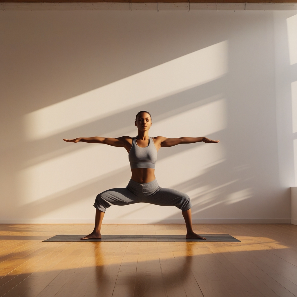 Person in a serene yoga warrior pose on a wooden floor in a minimalist sunlit studio, warm natural light casting long shadows, cinematic composition