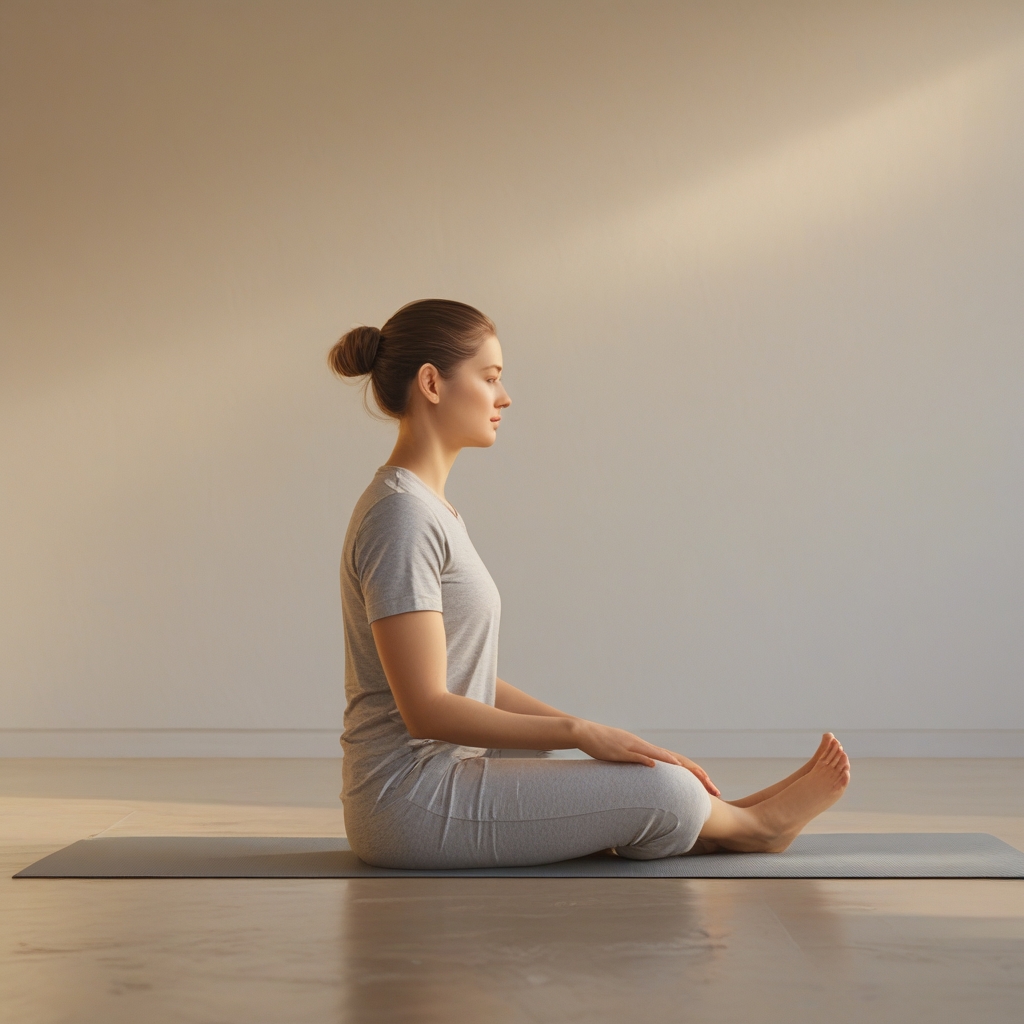 Person performing a gentle seated forward fold stretch on a yoga mat in a calm, minimalist indoor space, warm morning light, side view